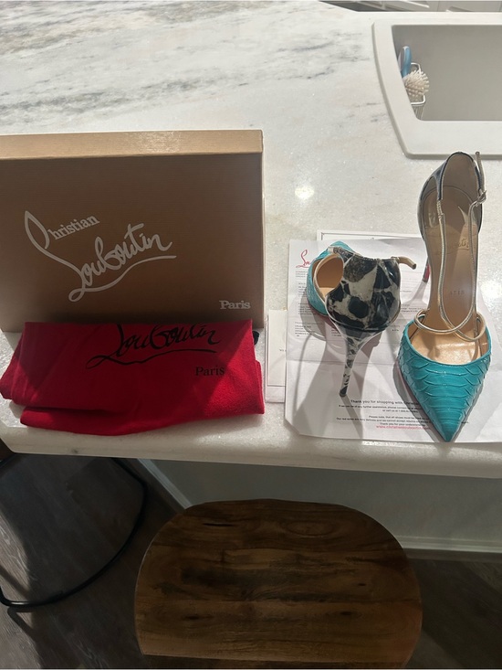 Christian Louboutin Shoes - Christian Louboutin Teal and Black Mixed-Pattern Pointed Toe Pumps